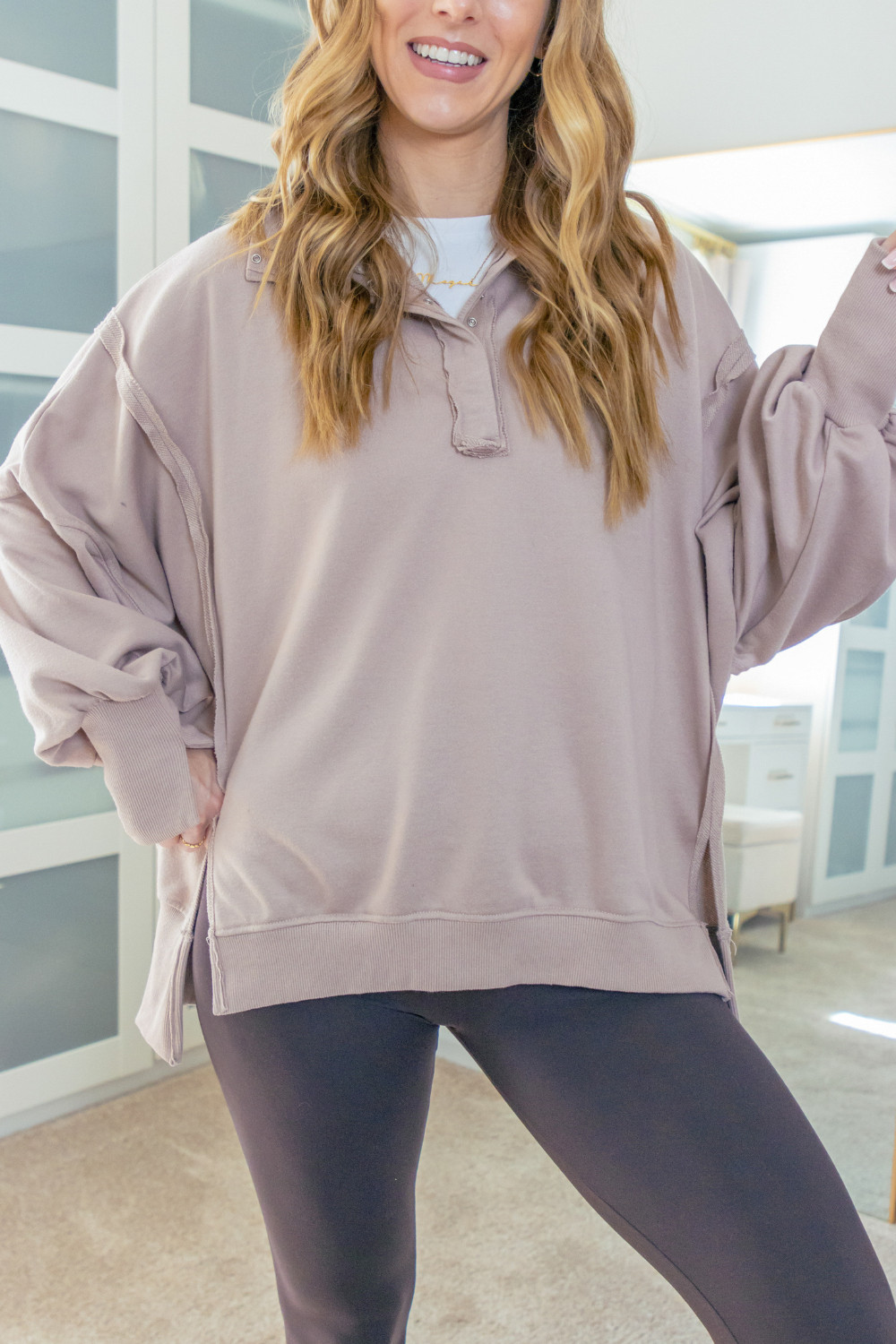 Casual but stylish outfit for a relaxed day. Paired the oversized sweatshirt with these high waisted leggings. Perfect for a cozy day at home. 🌿🧘‍♀️ 

*I'm in a size small-medium in the coffee color in the leggings. 
*I'm in a size medium in the grey coffee color in the pullover

 

 #LTKootd #LTKFindsUnder50 #LTKFindsUnder100