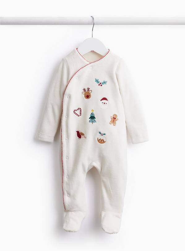 Unisex Christmas Velour Embroidered Sleepsuit Up to 3 mths | Tu Clothing