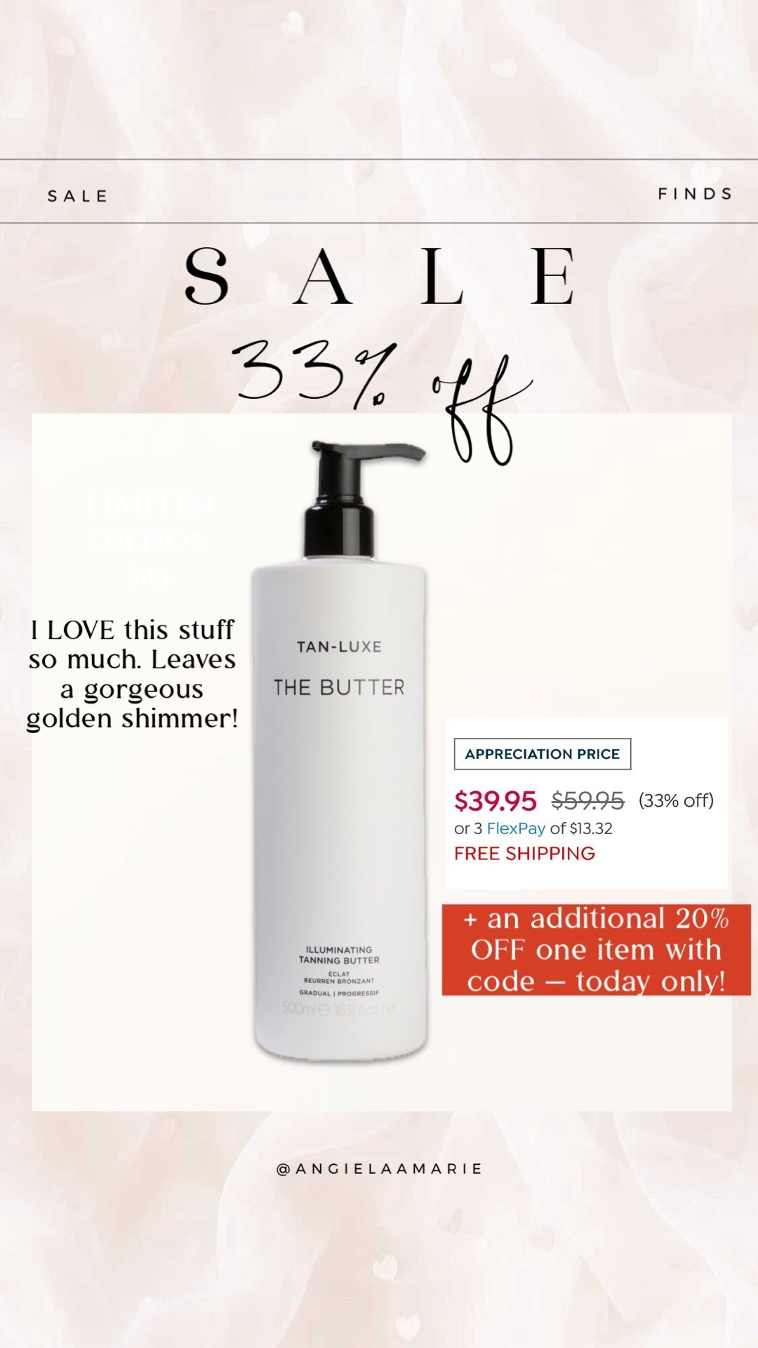I can’t say enough good things about this gigantic bottle — self tanning, illuminating, & hydrating! Leaves a gorgeous, golden, shimmering glow ✨

Use code: THANKYOU20 for an ADDITIONAL 20% OFF one item — today only! 


#LTKWorkwear #LTKSwim #LTKWedding #LTKHome #LTKBaby #LTKMens #LTKSaleAlert #LTKU #LTKBeauty #LTKBump #LTKOver40 #LTKTravel #LTKSeasonal #LTKKids #LTKMidsize #LTKActive #LTKPetite #LTKFestival #LTKdayinmylife #LTKgrwm #LTKootd #LTKfitnessgoals #LTKmomlife #LTKmorningroutine #LTKselfcare #LTKstorytime #LTKfoodie #LTKvlog #LTKTall 