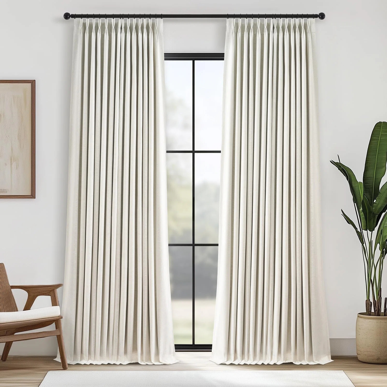 Natural 90 Inches Long Linen Curtains For Bedroom,Full Blackout Pinch Pleated Thermal Insulated S... | Wayfair North America