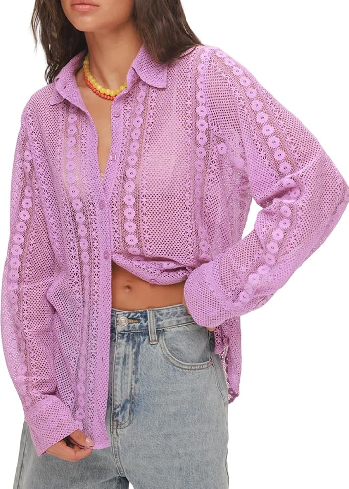 Women Long Sleeve Floral Lace Blouse Button Down Sheer Collared Shirt Embroidered Mesh Going Out ... | Amazon (US)