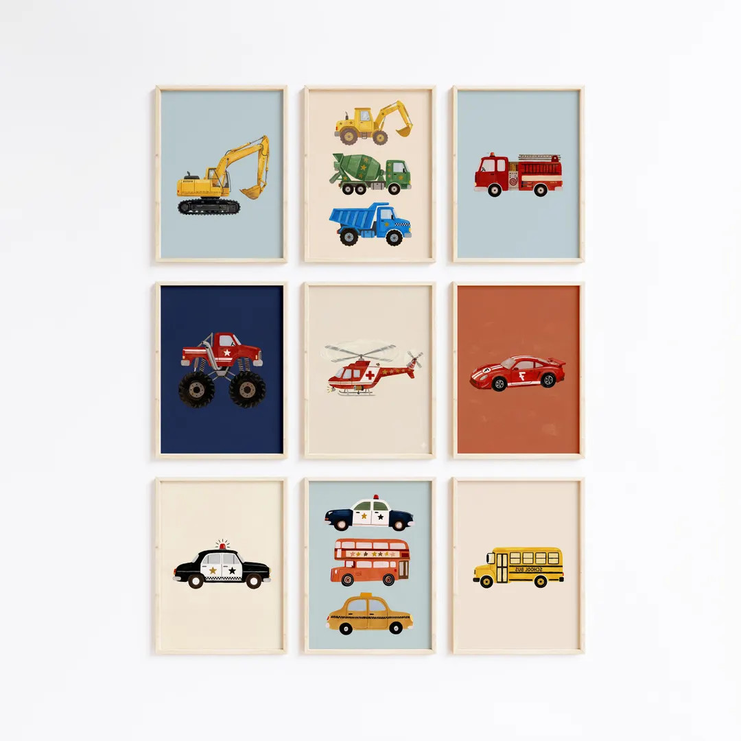 Watercolor Vehicle Prints Bundle, Construction Emergency Cars Trucks, Kids Room Wall Art, Set of ... | Etsy (US)