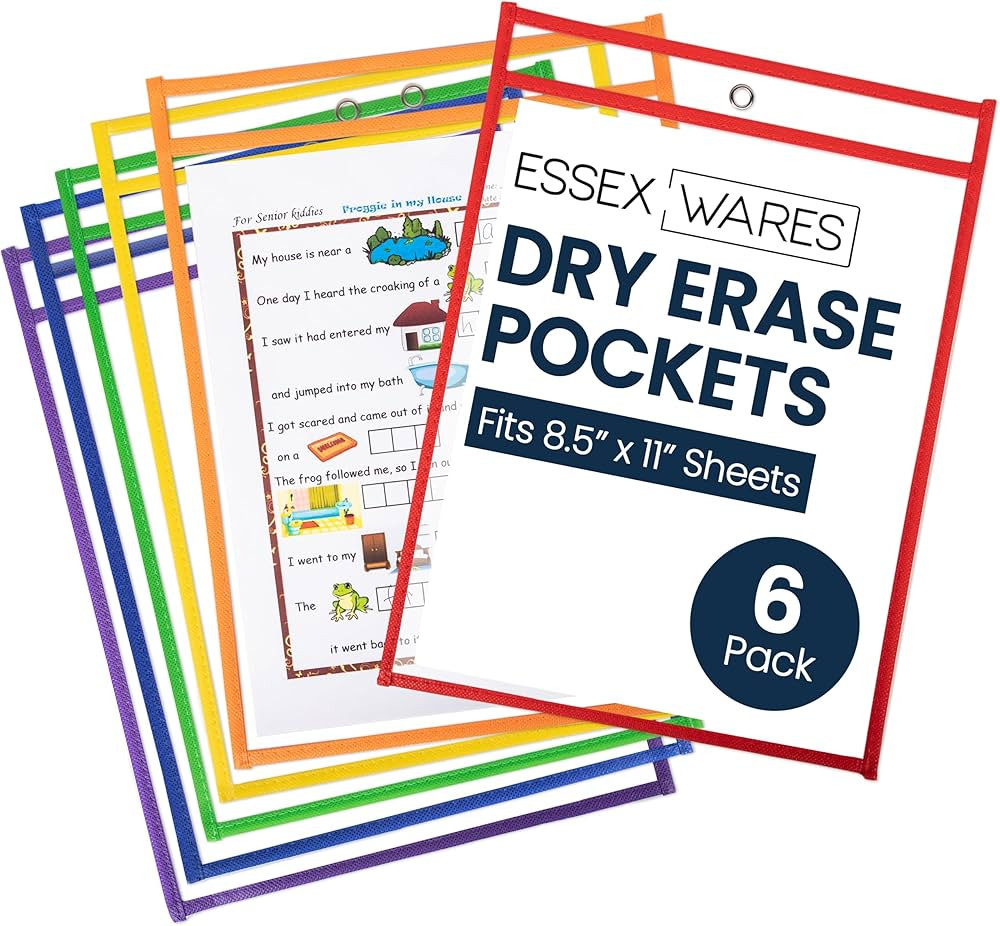 Essex Wares - 6 Pack, Assorted, Dry Erase Pocket Document Protectors, 10" Wide x 13.5" Tall- Dry ... | Amazon (US)