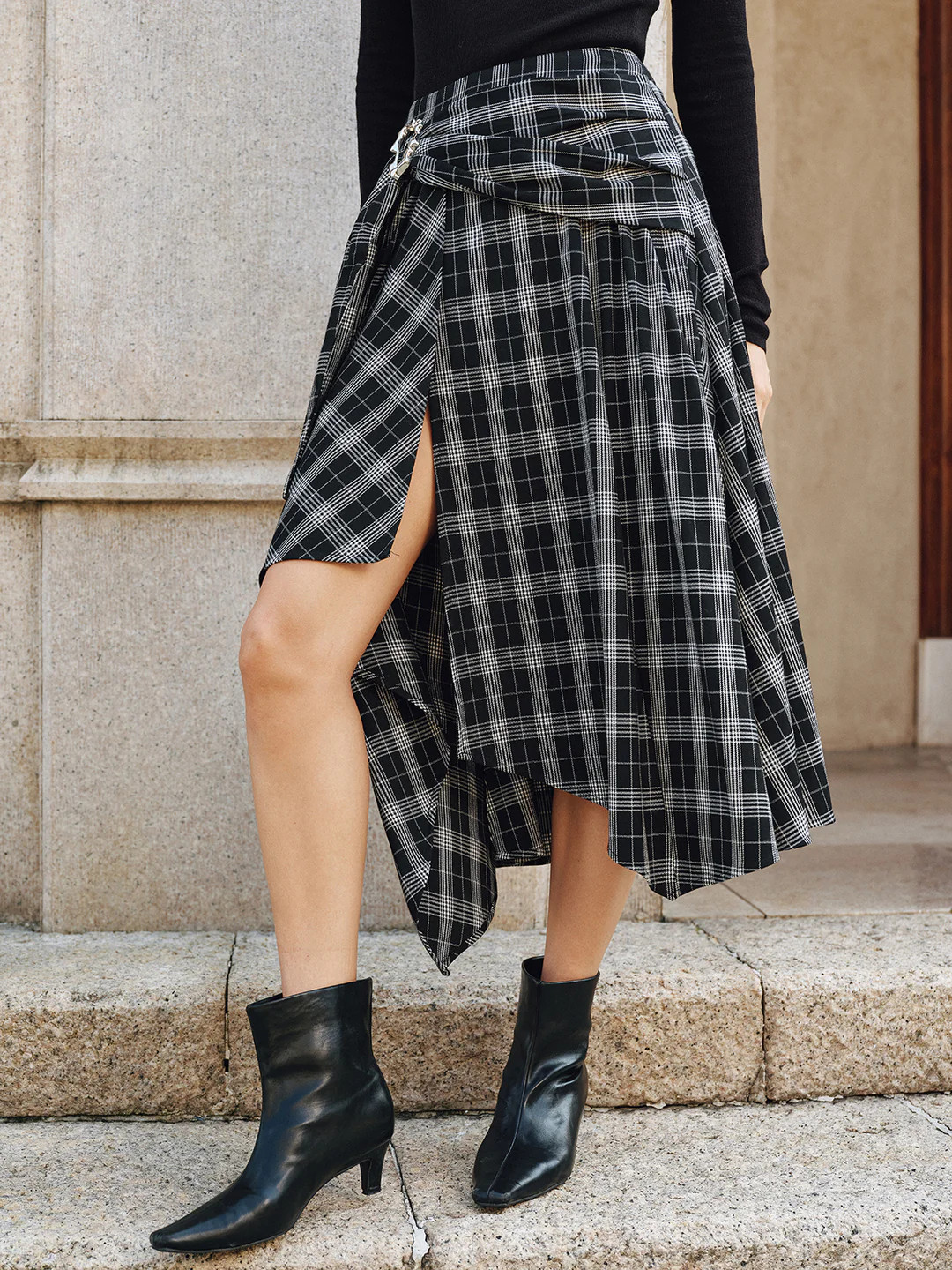 Plaid Asymmetric High-Slit Midi Skirt | Commense