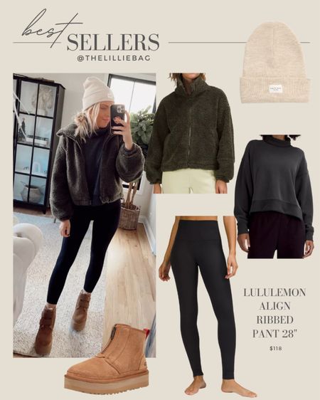 Bestseller: Lululemon Align ribbed leggings. Jacket on sale. Casual style. Ugg platform boots. Winter outfit. Beanie. Lululemon  

#LTKstyletip #LTKunder100 #LTKSeasonal