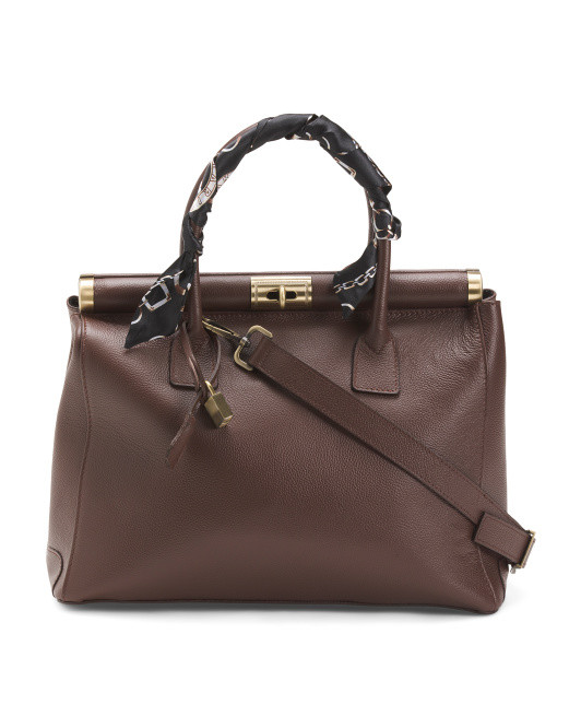 Made In Italy Leather Satchel Metal Top Frame Scarf Handle | TJ Maxx