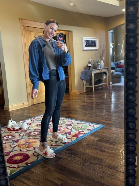 Finding cozy spring outfits is the best! Love pairing some leggings, furry sandals, a pull-over and jacket together! Layers is key. Wearing size 4 in leggings. Size 8 in sandals. Size xs/s in pull over. Size 4 in jacket.

#LTKstyletip #LTKshoecrush #LTKfitness
