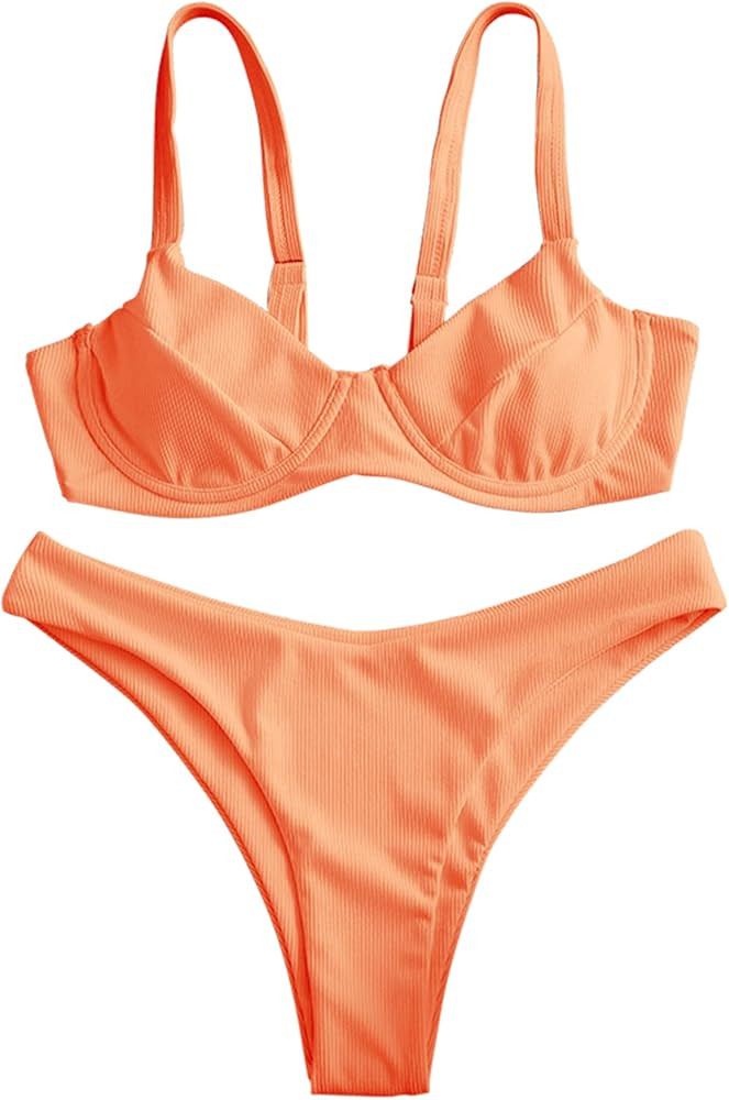 ZAFUL Women's Ribbed Underwire Bikini Set High Cut V Notch Smocked Swimwear Printed High Leg Swim... | Amazon (US)
