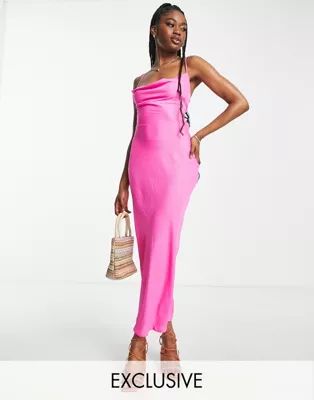 In The Style exclusive satin cowl neck midi dress in pink | ASOS (Global)
