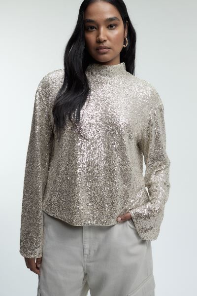 Sequined Blouse - Light beige/sequins - Ladies | H&M US | H&M (US + CA)