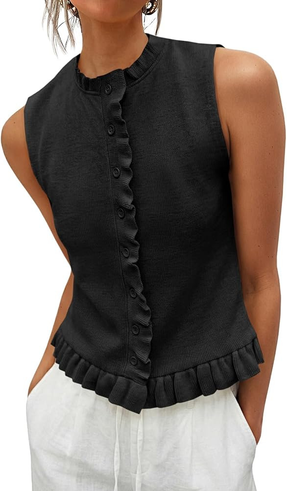 Saodimallsu Womens Sleeveless Sweater Vest Ruffle Button Down Knit Tank Top Summer Trendy Going O... | Amazon (US)
