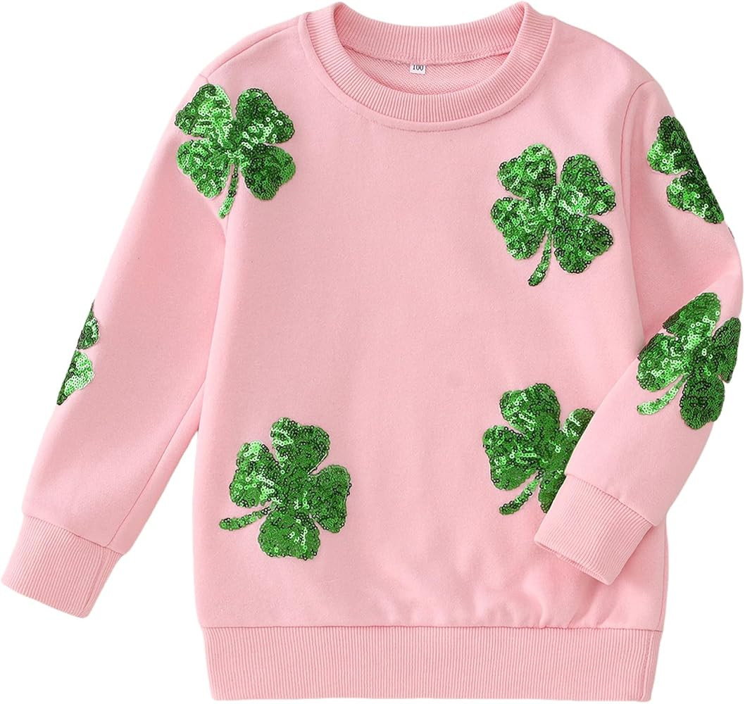 Girls St. Patrick's Day Sweatshirt Sequin Clover Long Sleeve Shirt Glitter Shamrock Outfits Kids ... | Amazon (US)