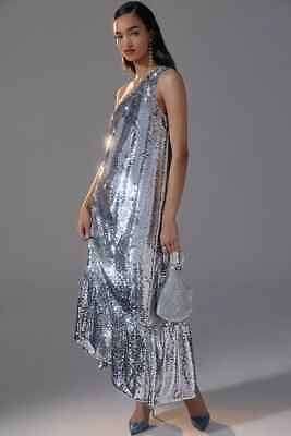 Anthropologie Maeve 1X NWT Silver One-Shoulder Sequin Dress Disco Party Cocktail | eBay US