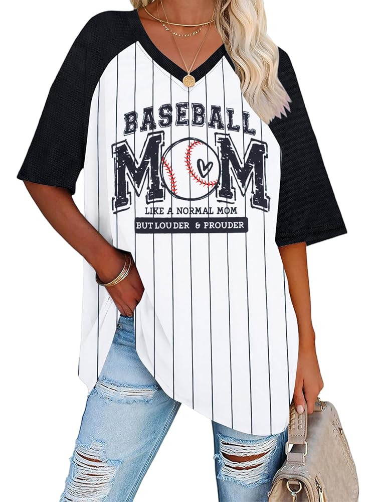 Baseball Mom Shirts for Women - Oversized V Neck Baseball Jersey Shirt Stripe Graphic Print Casua... | Amazon (US)