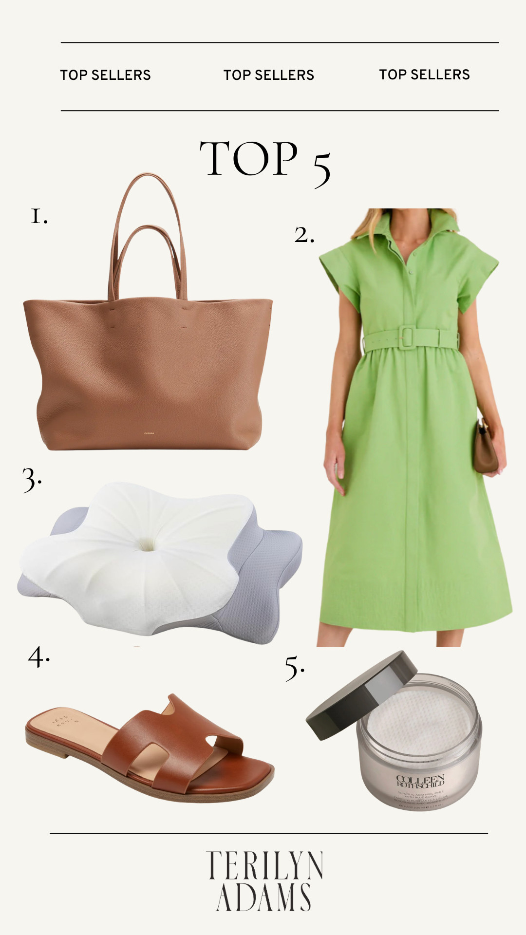 Most love this week:
1. The perfect leather tote - comfortable and the best size (especially for moms)
2. Chloe Dress - my go-to dress for graduations, showers, church, etc!
3. The pillow that healed my neck pain
4. Leather sandals - classic and go with everything
5. Glycolic Facial Peel Pads - Cleanses my pores and refreshes my skin so nicely 

 #LTKootd #LTKselfcare #LTKBeauty