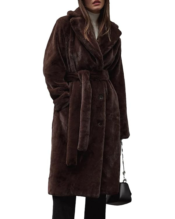 Womens Faux Fur Coat with Belt Winter Fuzzy Fleece Open Front Long Cardigan Jacket Teddy Coats | Amazon (US)