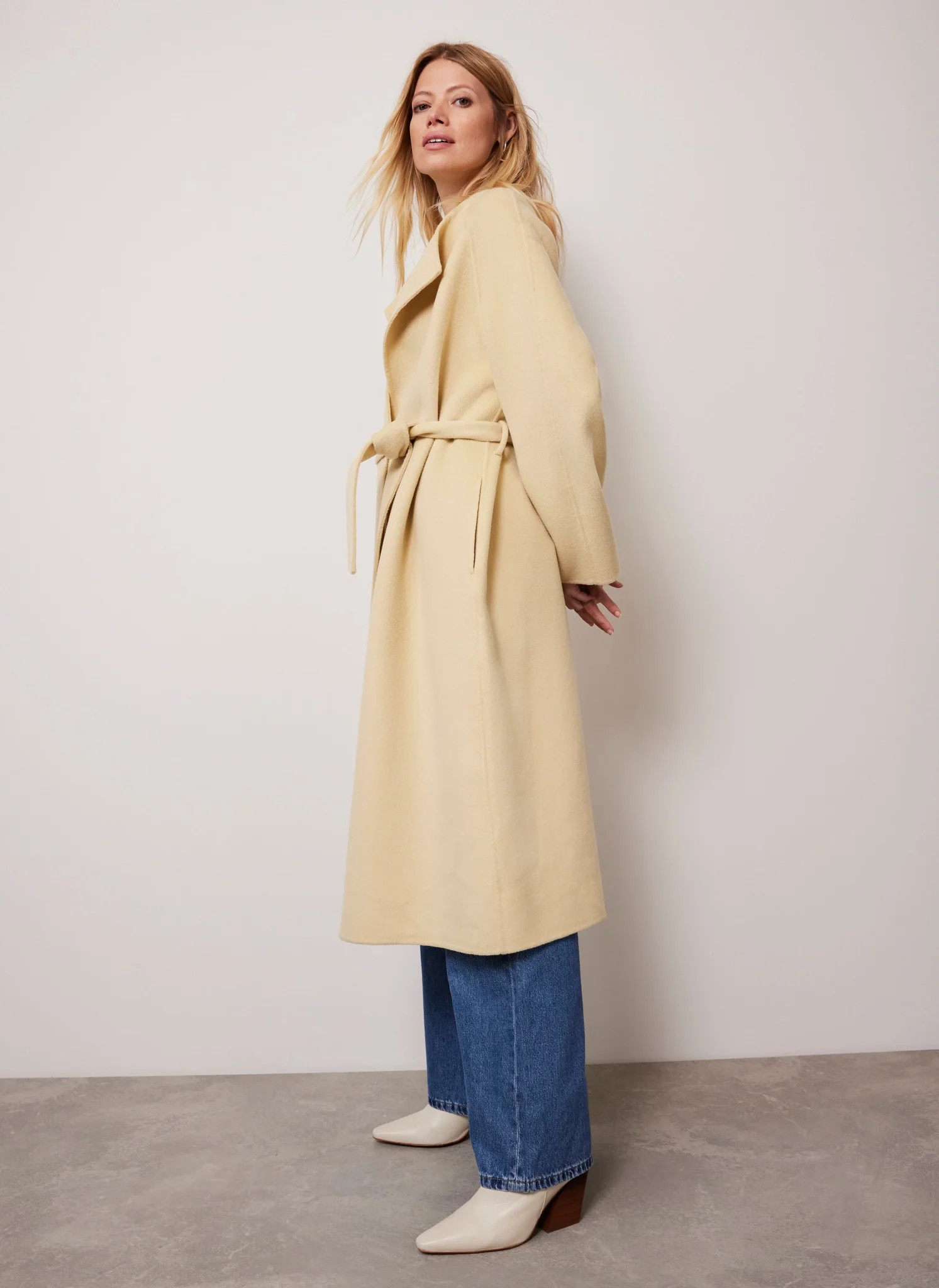 Yellow Wool Collarless Belted Coat | Mint Velvet (US)