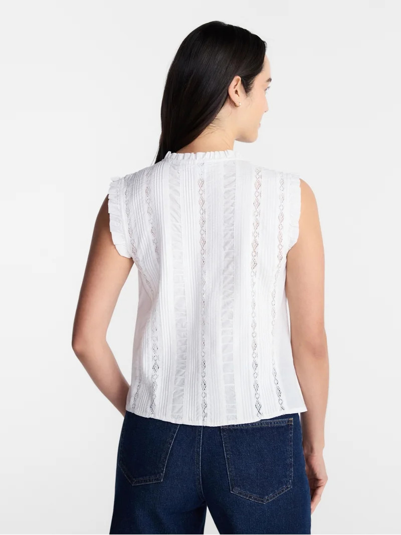 Time and Tru Women's Lace Inset Sleeveless Cotton Top, Sizes XS-XXXL | Walmart (US)