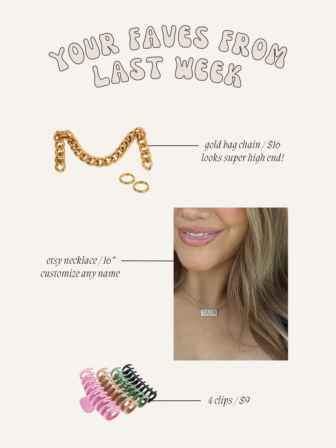 Your Faves Last Week! This bag chain is from Amazon it’s literally gorgeous & looks so high end - it’s $16! Attaches to any bay with hooks or can replace a handle/strap. Love this custom necklace from Etsy. Looks very high quality and gorgeous. Claw clips pack of 4 from Amazon! 

#LTKbeauty #LTKunder50