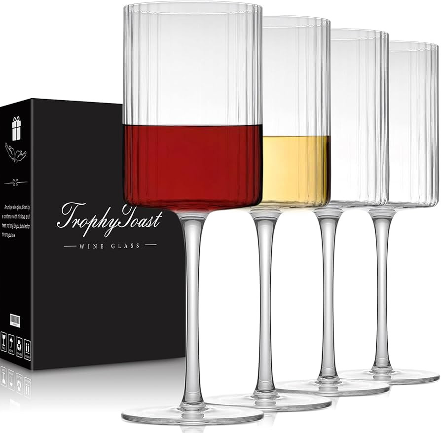 Ribbed Square Wine Glasses Set of 4 – 15oz Hand Blown Ribbed Design Wine Glasses, Unique Vintag... | Amazon (US)