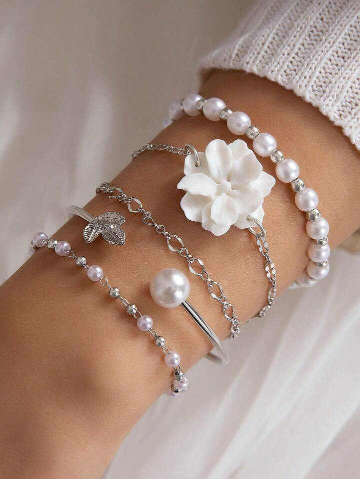 5pcs White Simple Alloy Pearl Bead Leaves & Flowers Chain Silver Bracelet Set For Women, Handmade... | SHEIN