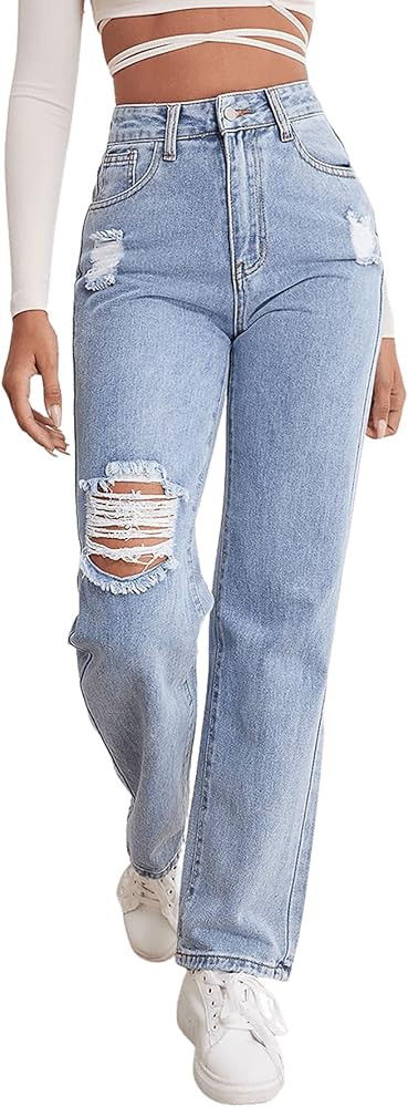 SweatyRocks Women's High Waist Straight Leg Jeans Ripped Distressed Denim Pants | Amazon (US)
