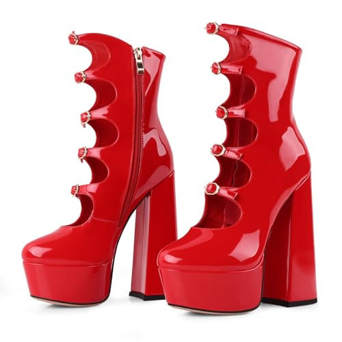 FancyQueen Red Platform Boots for Women, Red Patent Leather Chunky Platform Heels Goth Boots, Strap Buckle Side Zipper Gothic Block Heels | Amazon (US)