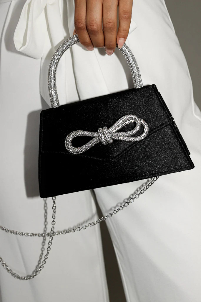 Flicka Rhinestone Bow Bag - Black Satin | Petal & Pup (US)