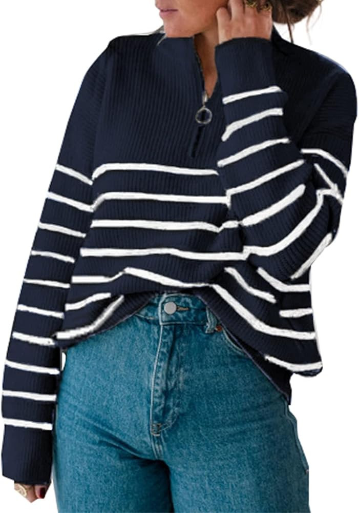 Amkoyam Women's Striped Sweaters 2023 Long Sleeves Knitted Casual Pullovers Loose Shirt Tops with... | Amazon (US)