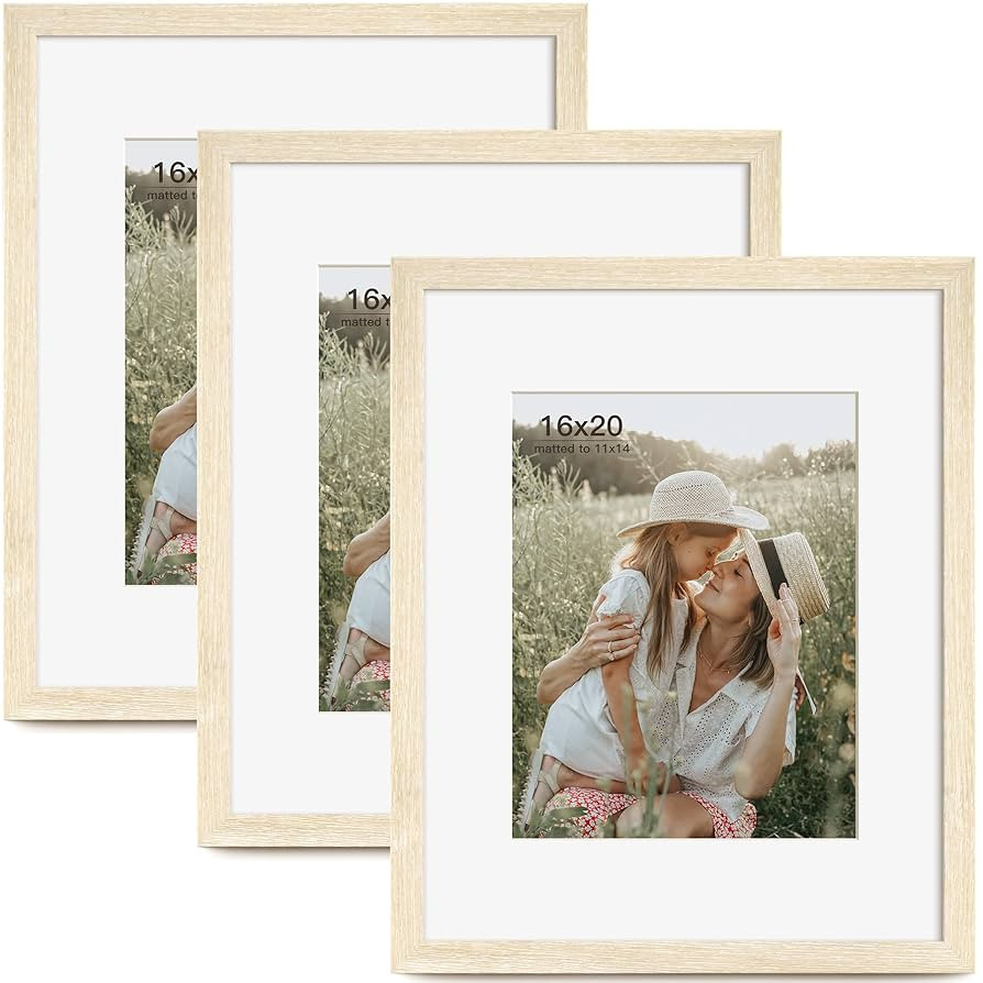 16x20 Picture Frame with Mat for 11x14 Set of 3, Natural Wood Grain 16x20 Frames for Wall Mountin... | Amazon (US)