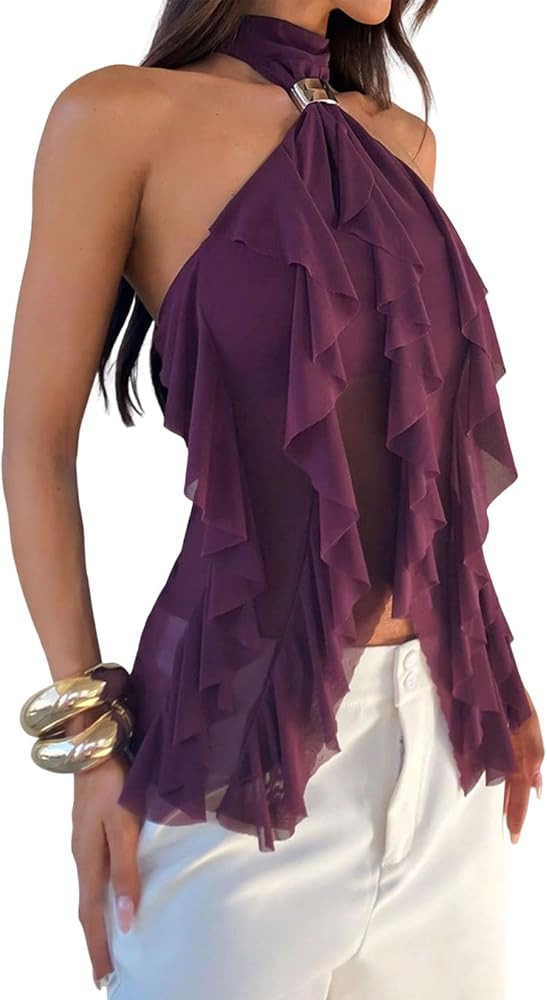 Naileksi Women High Neck Ruffle Halter Top Sleeveless Mock Neck Metal Buckle Camisole Asymmetrica... | Amazon (US)