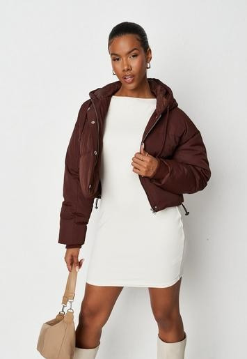 Chocolate Stepped Hem Puffer Jacket | Missguided (US & CA)