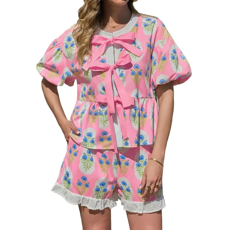 Floral Printing Women Puff Sleeve 2 Pieces Sets Tie Front Babydoll Blouse and Ruffle Shorts | Walmart (US)