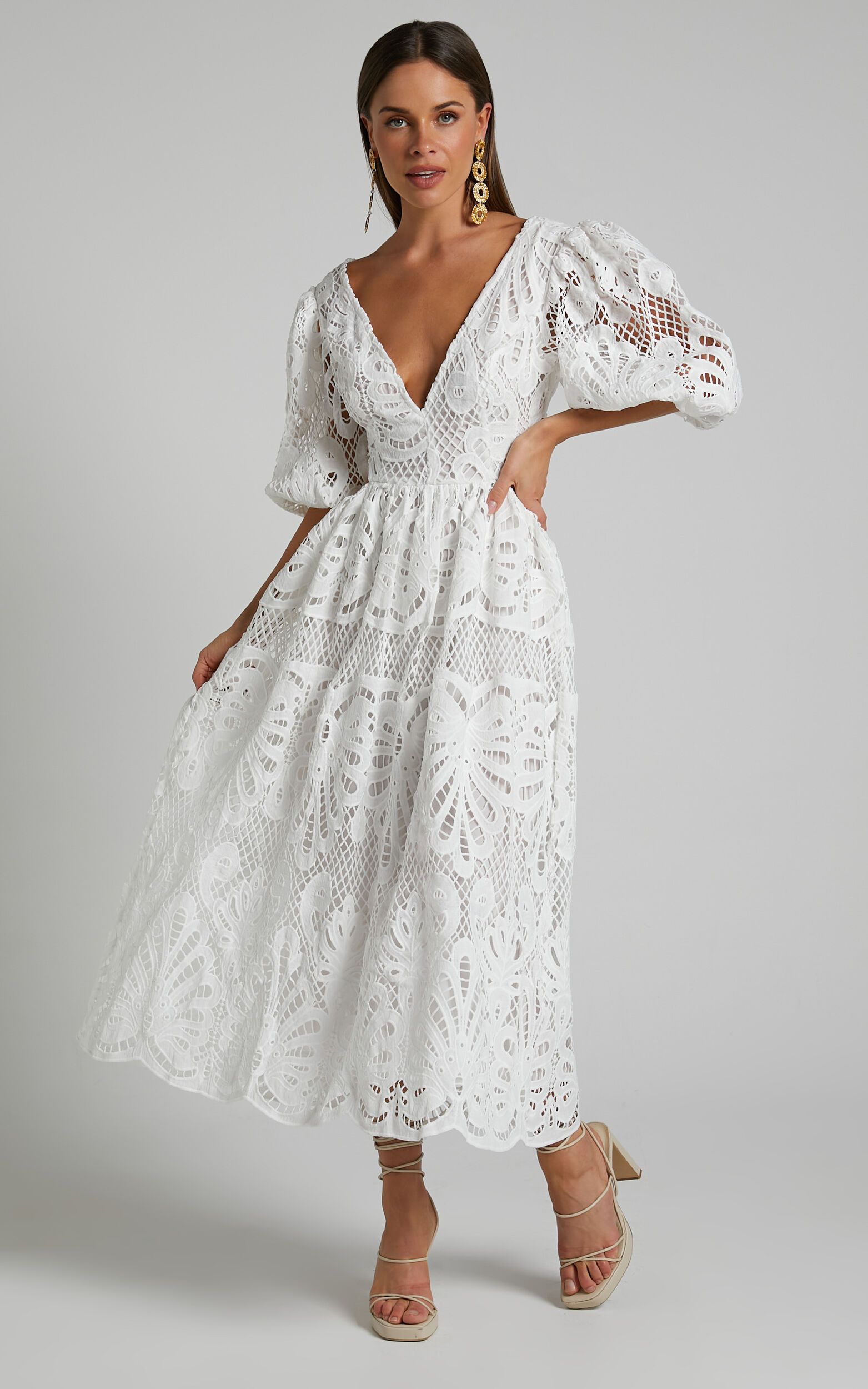 Anieshaya Midi Dress - V Neck Cut Out Lace Dress in White | Showpo (US, UK & Europe)
