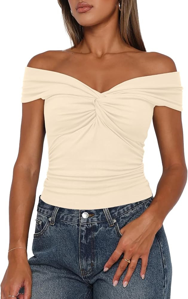 Darong Women Summer Twist Knot Front Off The Shoulder Tank Tops Cap Sleeve Going Out Shirts Slim ... | Amazon (US)