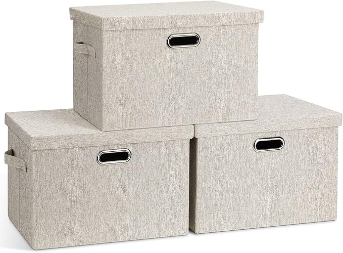Large 17" 36 Quart Collapsible Stackable Storage Bins with Lids, 3 Packs Beige Linen Fabric Close... | Amazon (US)