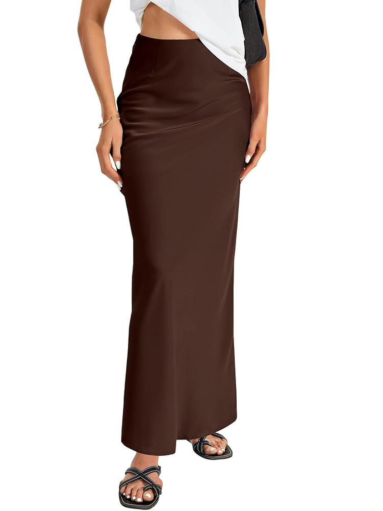 Vrtige Women's Elegant Satin Silky High Waist Zipper Flowy A Line Maxi Long Skirt | Amazon (US)