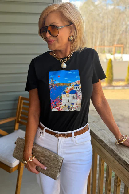 Rhinestone Coastal Scenery Tee Black | The Willow Tree
