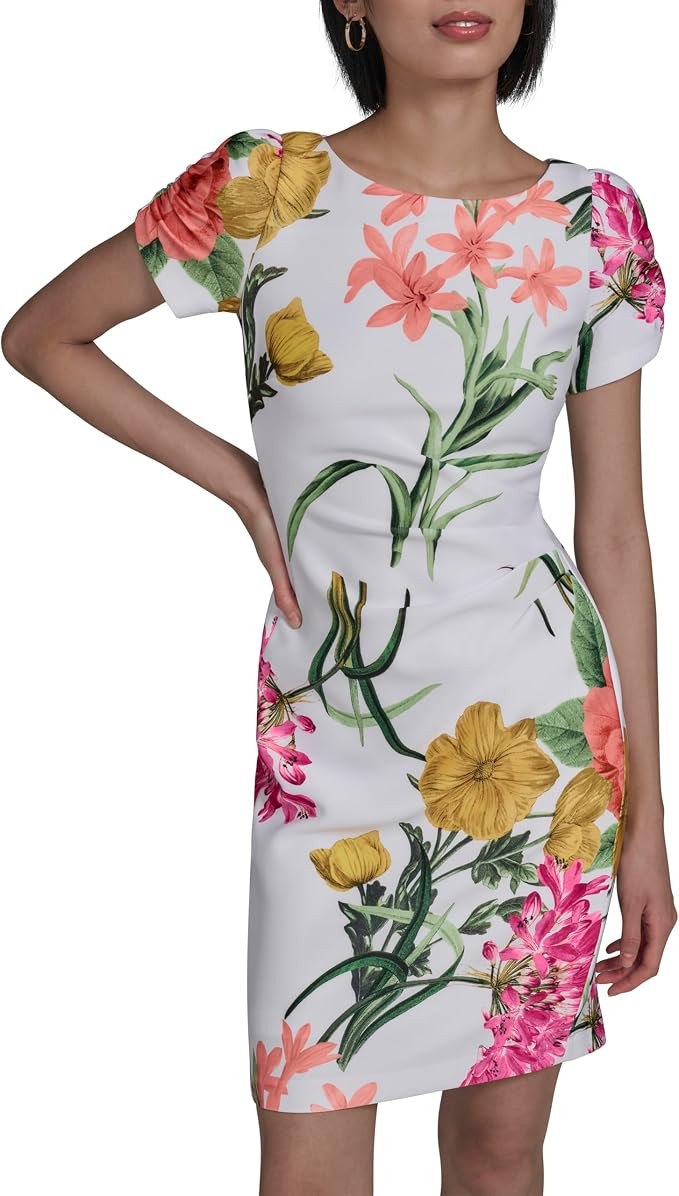 KARL LAGERFELD Short Ruched Sleeve Jewel Neck Sheath Mini Dress | Amazon (US)