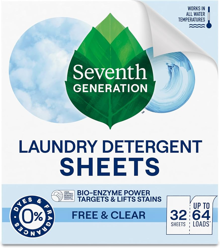 Seventh Generation Laundry Detergent Sheets, Up to 64 Loads, Free & Clear, Made for Sensitive Ski... | Amazon (US)