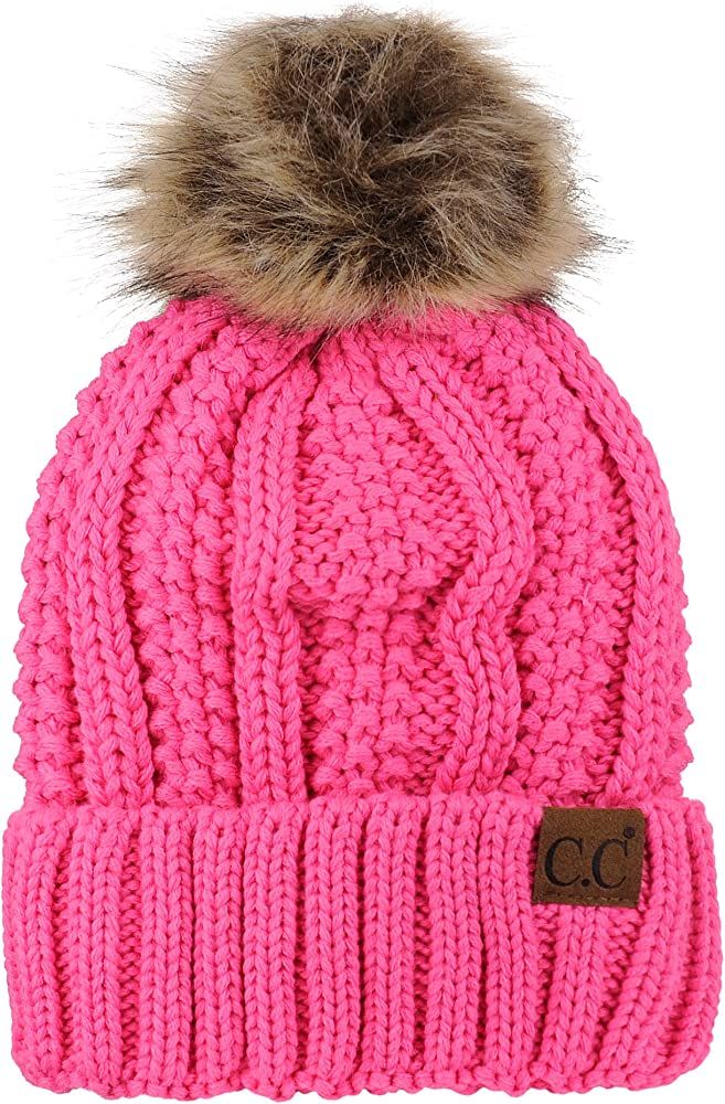 C.C Thick Cable Knit Faux Fuzzy Fur Pom Fleece Lined Skull Cap Cuff Beanie | Amazon (US)