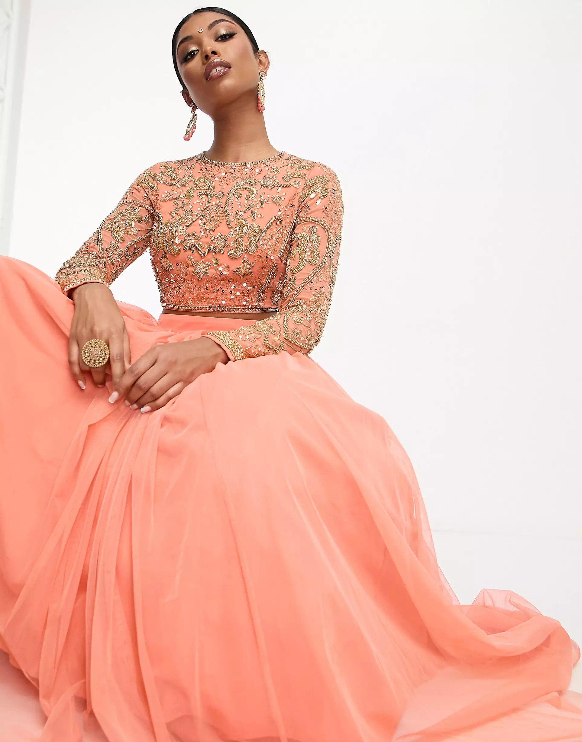 ASOS DESIGN mesh maxi lehenga skirt in marigold | ASOS (Global)