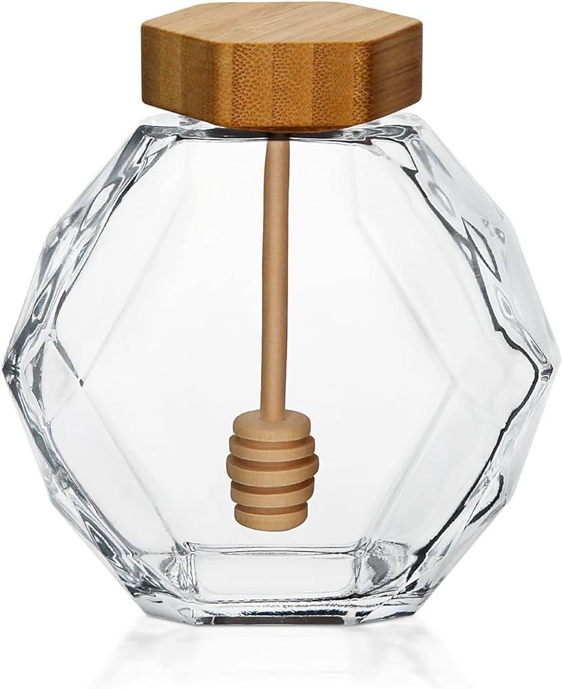 Bfttlity Honey Pot Jar Hexagon Shape Honey Pot Container 380ml Glass Honey Jar with Dipper and Li... | Amazon (US)