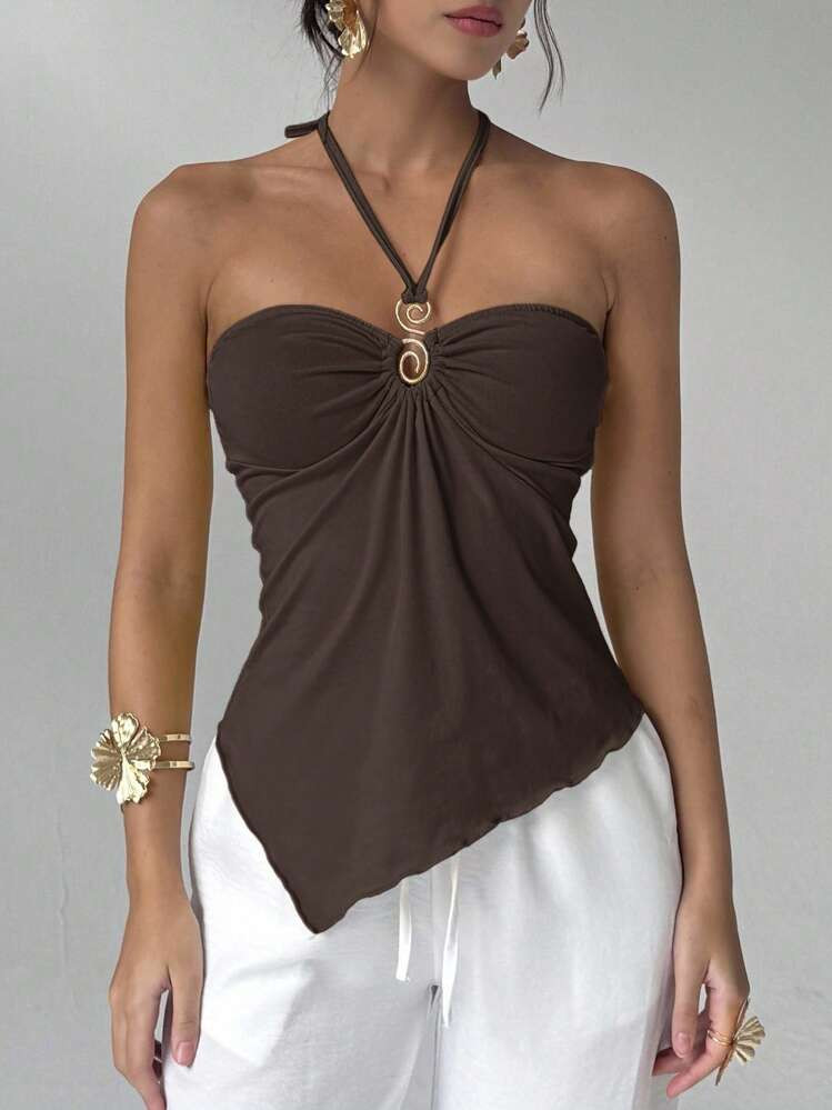 Aloruh Women's Summer Fashion Solid Color Asymmetric Hem Backless Halter Top,Halter Top | SHEIN