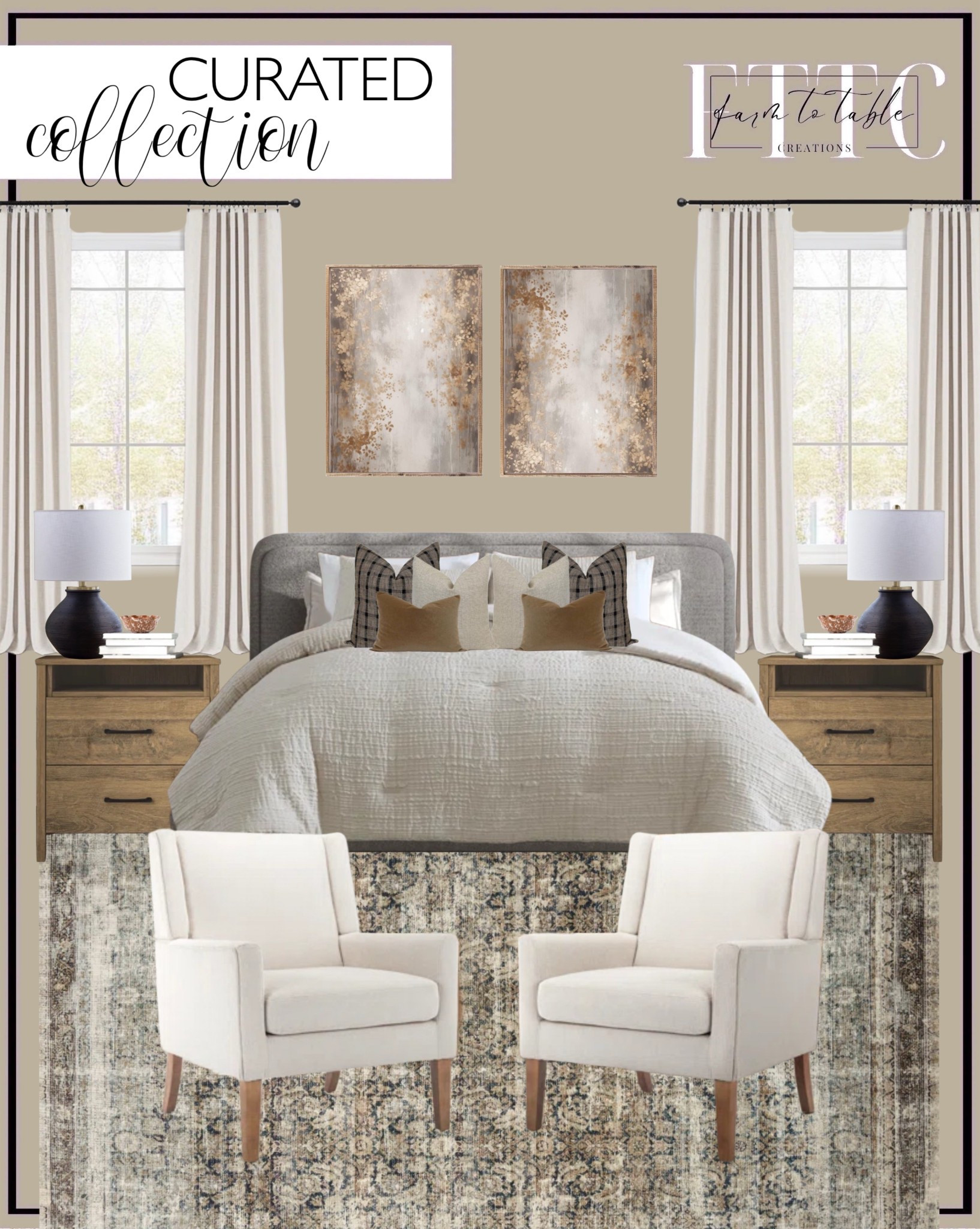 Curated Bedroom Collection. Follow @farmtotablecreations on Instagram for more inspiration.

Use code FARMTOTABLE for 15% off artwork. 

Linen Curtains. Upholstered Platform Bed. Two Drawer Nightstand. Morgan Navy Sand Area Rug. Kenneth Cole Comforter Set. Pillow Cover Set. Abstract Canvas Framed Art. Wingback Armchairs. Bystrik Table Lamp. Splatter Scallop Dish. 

Spring Refresh |  Bedroom Finds | Neutral Stems | Spring Stems | Bookshelf Decor | Bedroom Space | Cozy Corner | Bathroom | Curated Entryway | Spring  Decor | End of Year Clearance | Trending Decor | Viral Decor  | Coffee Table Decor | Neutral Decor | Stem Sale | Target Finds | Skinny Bench | Bedroom | Living Room | Breakfast Nook | Amazon Home | Target Sale | Loloi Rugs | Magnolia Home | console table | console table styling | faux stems | entryway space | front porch decor | neutral decor | entryway decor | cozy home | affordable decor |  home decor | home inspiration | console styling | entryway rug | cozy moody home | moody home decor | neutral home | bathroom decor | living room | spring decor | Hearth & Hand | Studio McGee | 2025 Home Trends | trending home |


#LTKHome #LTKFindsUnder50 #LTKSaleAlert