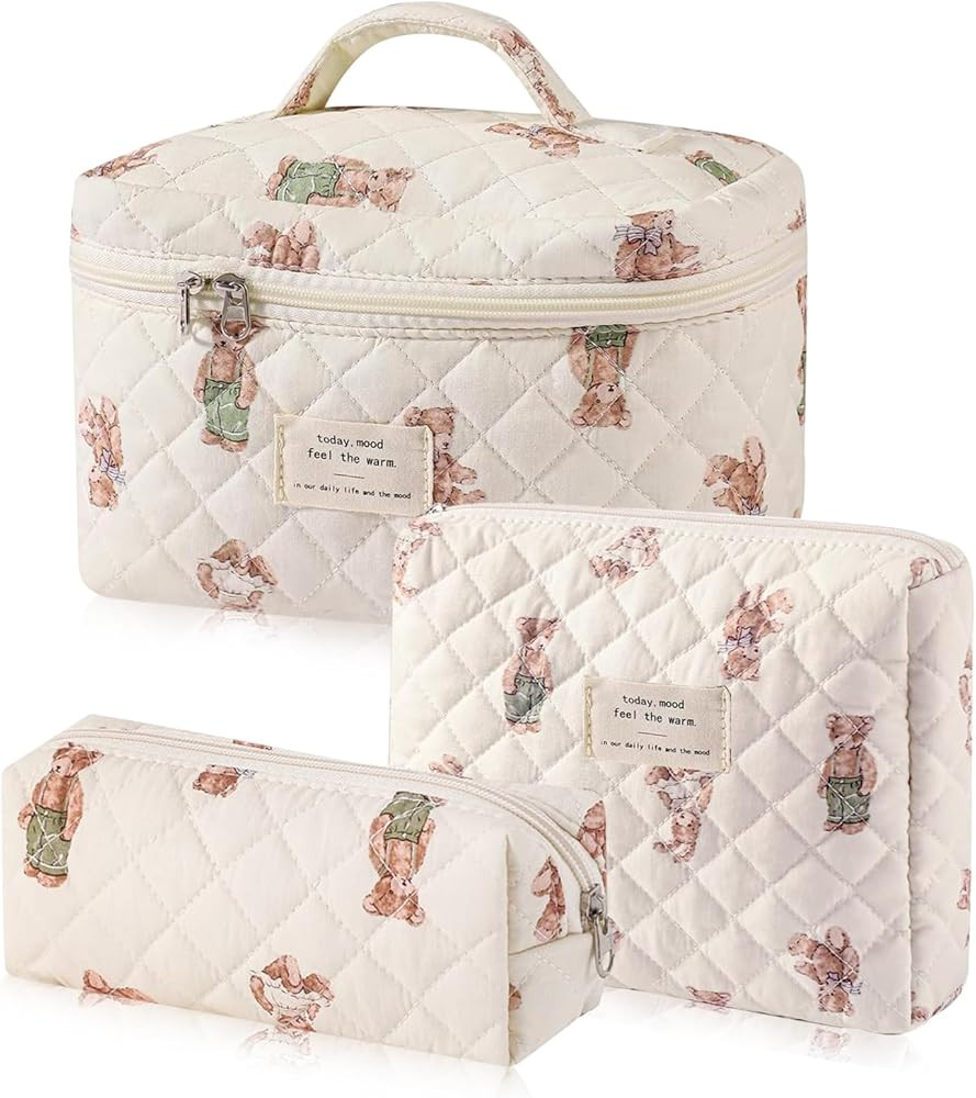 3 Pcs Cotton Quilted Makeup Bag Set, Floral Cotton Cosmetic Bag, Aesthetic Toiletry Travel Organi... | Amazon (US)