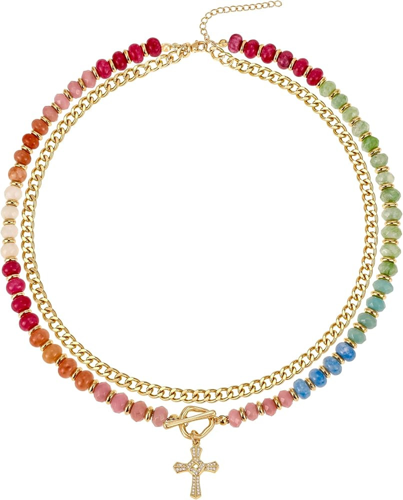 Layered Necklaces for Women, 14K Gold Plated Cross Pendant & Colorful Beaded Gemstone Choker, Cut... | Amazon (US)