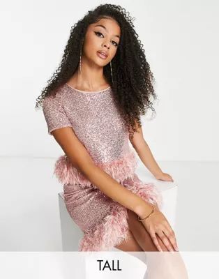 Jaded Rose Tall short sleeve t-shirt with faux feather trim in pink sequin - part of a set | ASOS (Global)