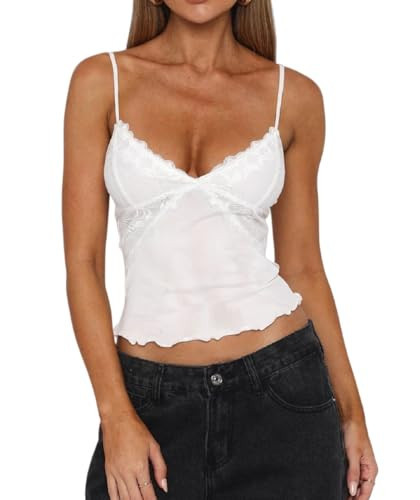Lace Camisole Tops for Women Strappy V Neck Sheer Lace Tank Tops Y2k Cute Going Out Top(White,S) | Amazon (US)