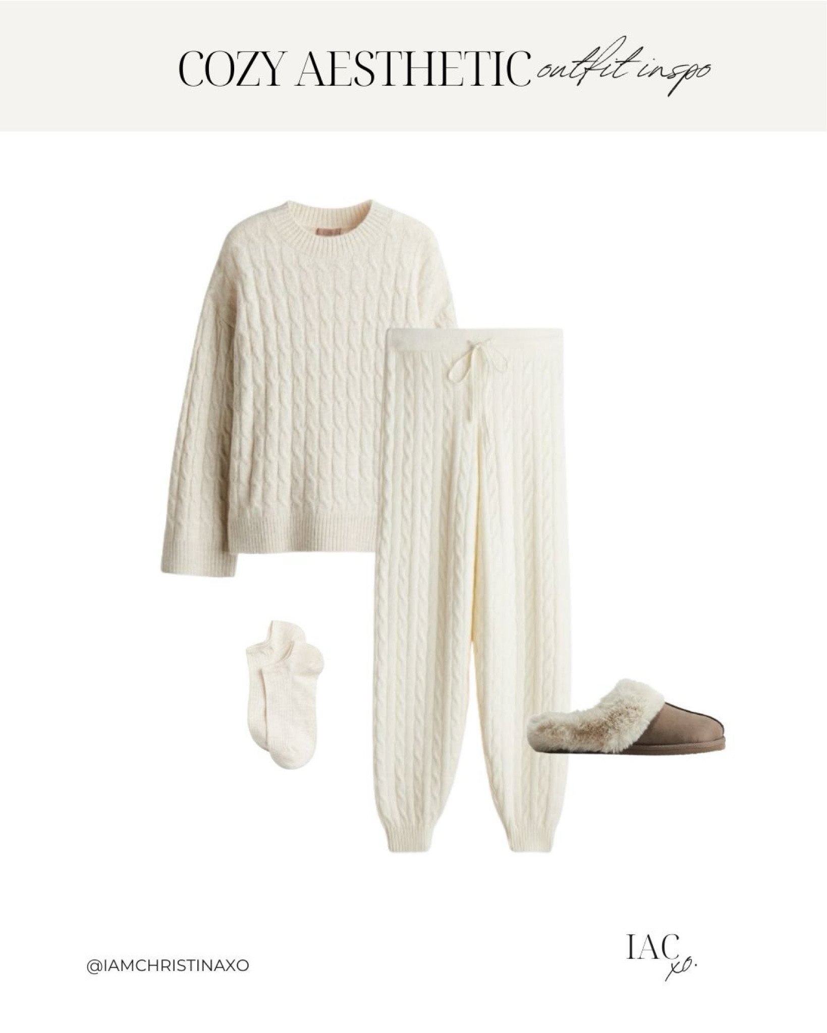 Cozy aesthetic outfit inspo
—
Outfit inspo, neutral outfit, loungewear, cozy outfits, at home outfits, knit sweater, knit pants, cable-knit sweater, cable-knit joggers, warm-lined slippers, bedroom slippers, cozy slipper, at home style, neutral style, neutrals, cozy

#LTKFindsUnder100 #LTKFindsUnder50 #LTKStyleTip